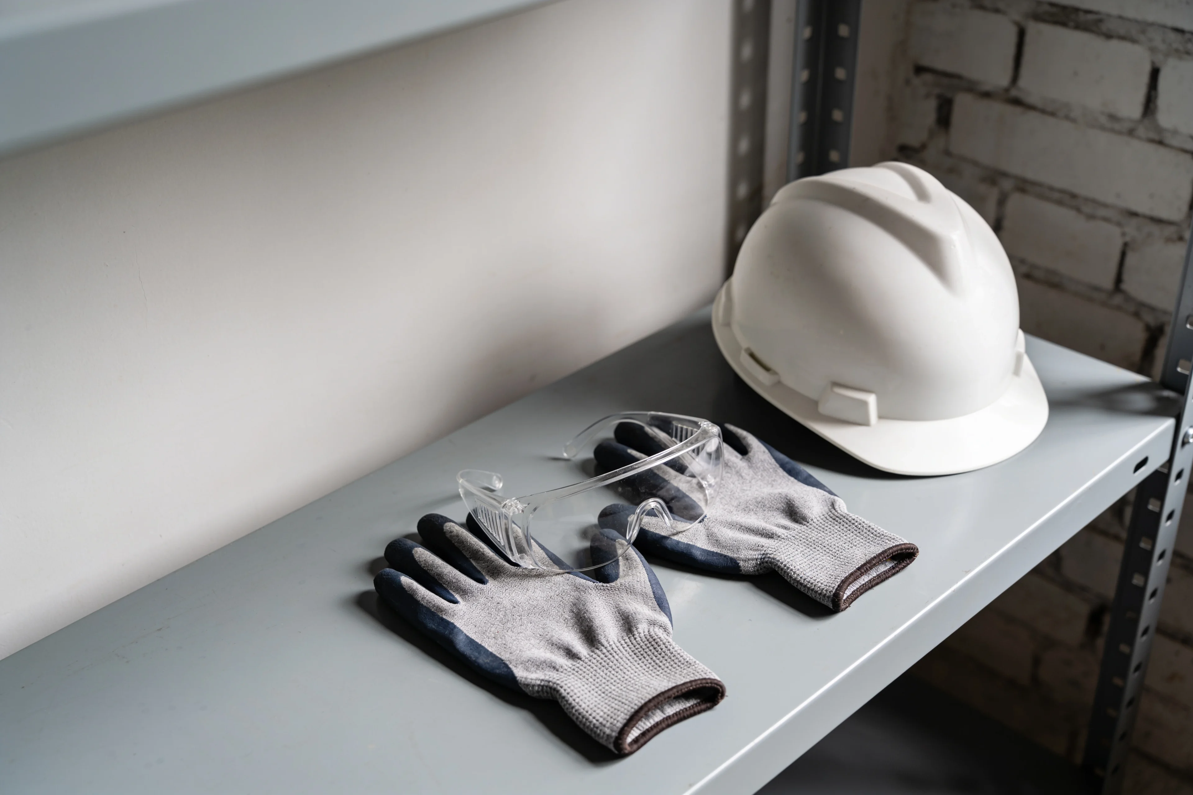 Arbeitshandschuhe, Schutzbrille und Schutzhelm auf einem Regal