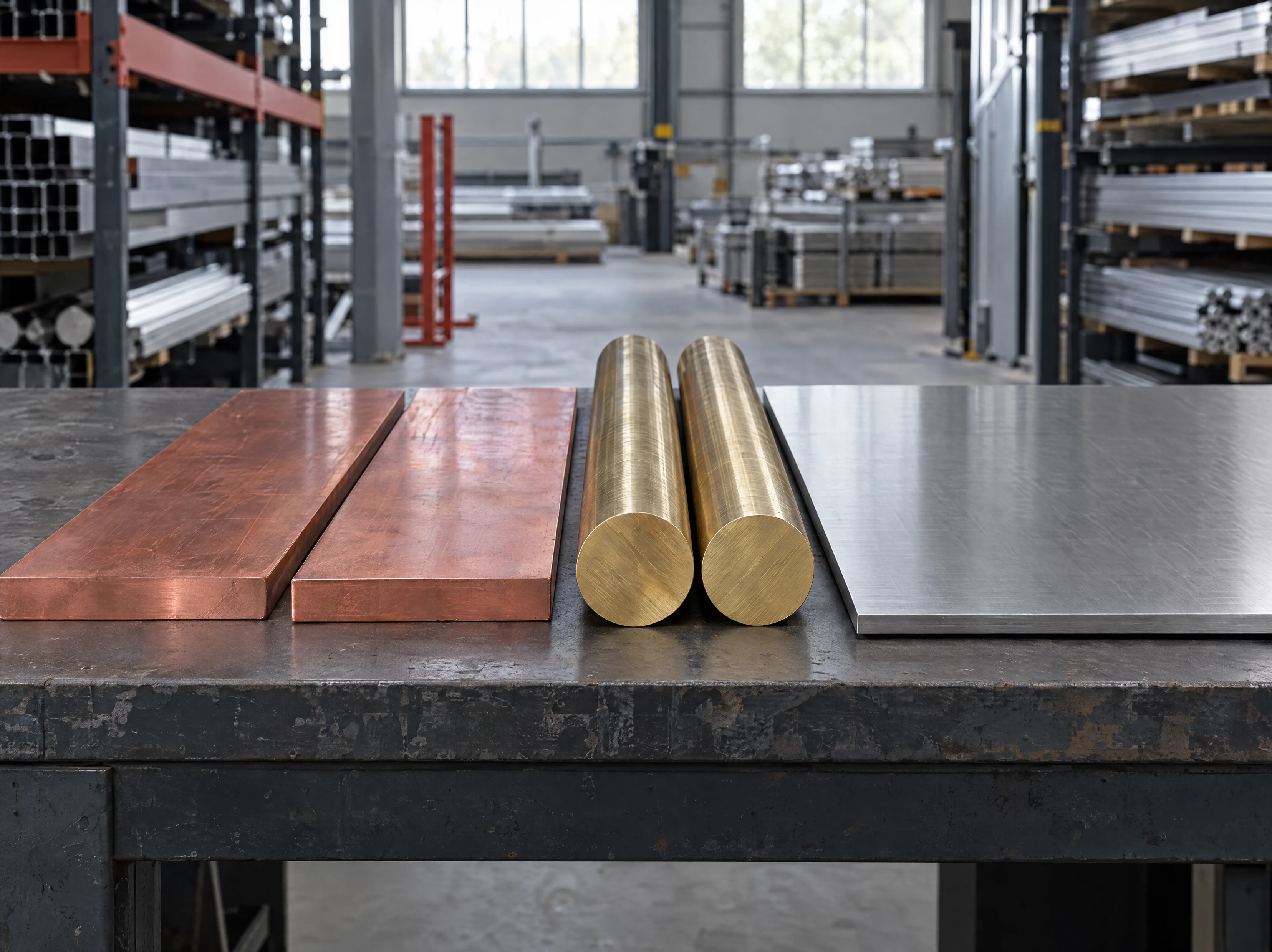 Kupferplatten, Messing-Rundstangen und Edelstahlblech auf einer Werkbank