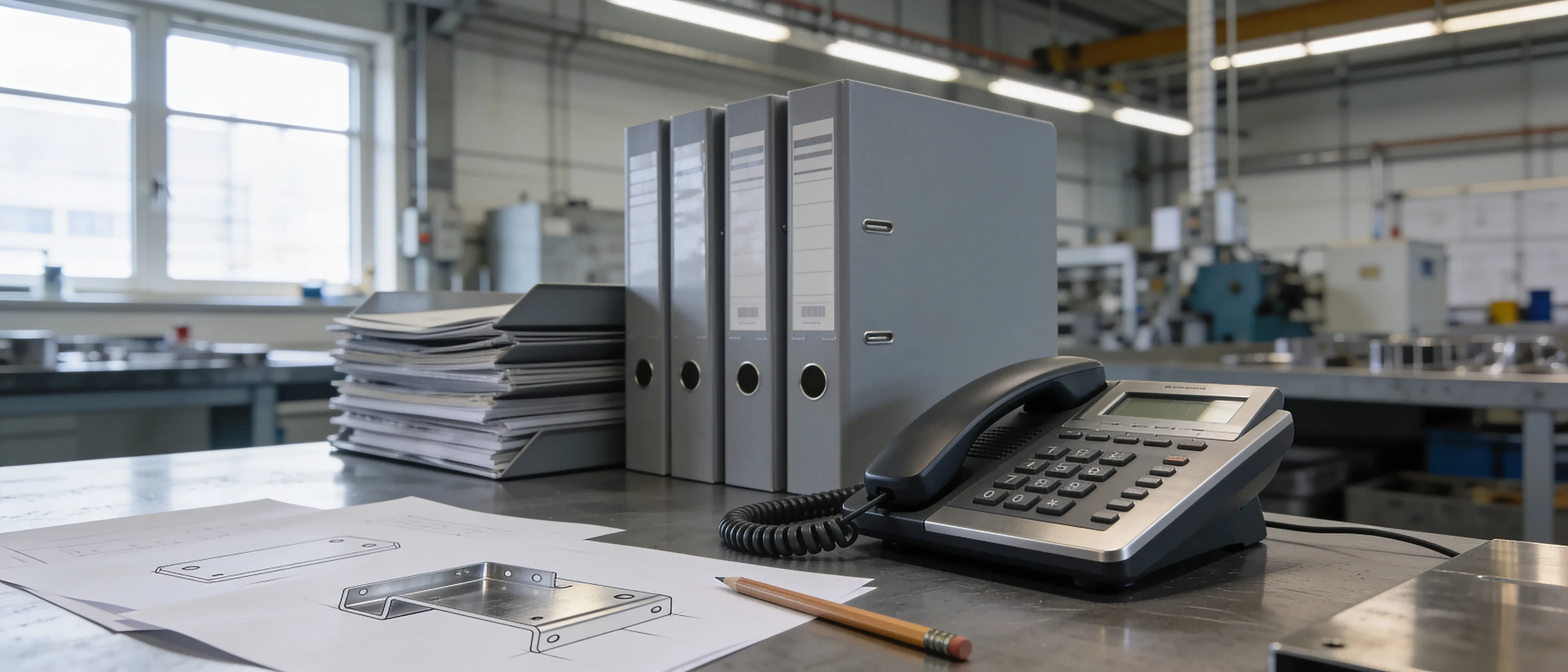 Schreibtisch mit Ordnern, Telefon und Zeichnung eines Blechteils