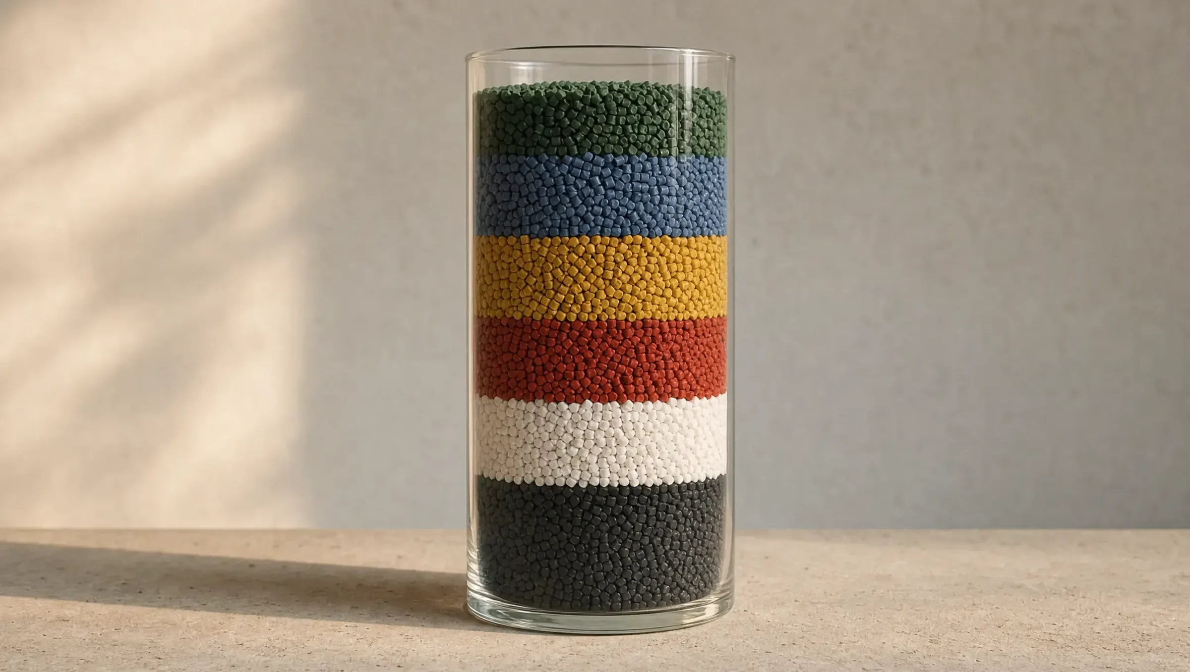 Farbige Schichten Kunststoffgranulat in einem Glaszylinder