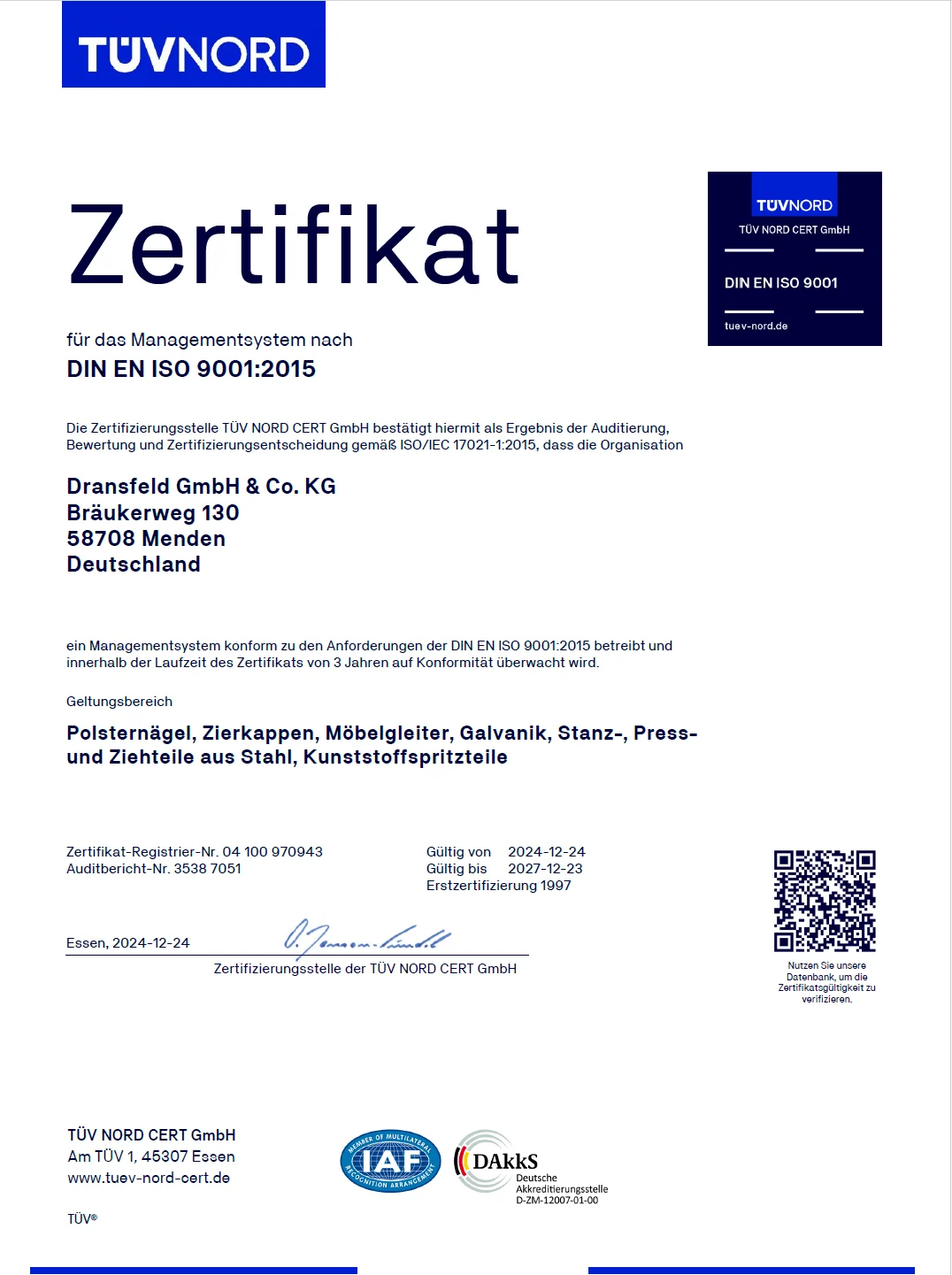 Zertifikat DIN EN ISO 9001:2015 von TÜV NORD für Dransfeld